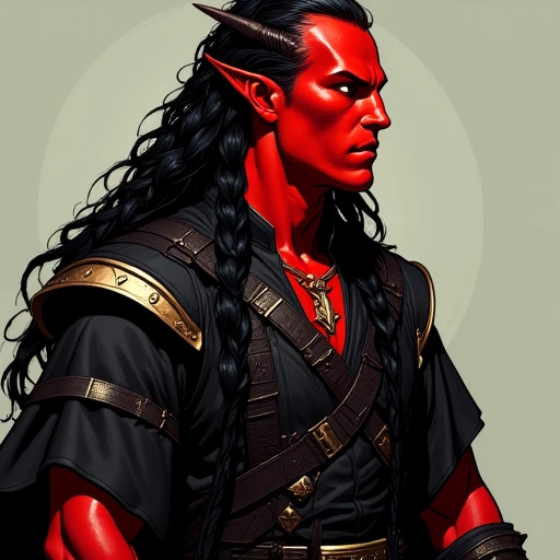 red skin tiefling adventure , long black braid