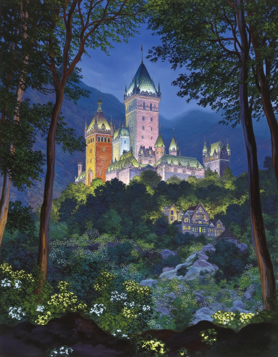 a grand castle with soaring towers hidden within an enchanted forest, teeming with bioluminescent plants and creatures, in the mystical style, by Claude Monet