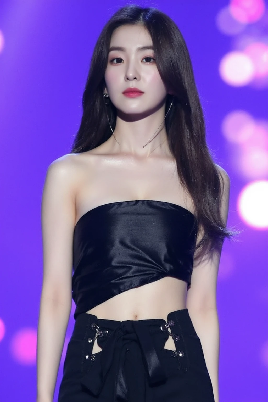 The image shows a young korean woman singing on stage. She has long, dark hair and is wearing a fitted, strapless black top that is stylish and elegant. The top features a shimmering or satin-like fabric that catches the light, and it has an asymmetrical design with some draping. She is also wearing high-waisted black pants with lace-up details on the side. Her makeup is polished, with a subtle emphasis on her eyes and lips. There is a  (headset microphone) attached to her face. The background is a soft, blurred purple with lights, adding to the stage ambiance, <lora:flux_realism_lora:1>, <lora:makinaflux_irene_v1.0:1>