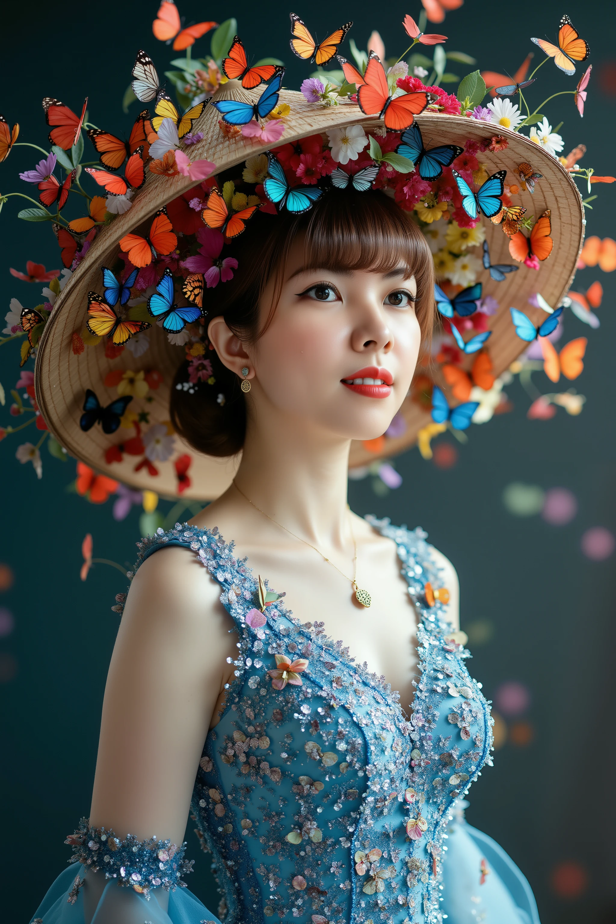 HanoiGirl, Girl Butterfly, A beautiful woman gazes thoughtfully into the distance, dressed in a shimmering blue gown adorned with tiny, sparkling details. Her traditional Vietnamese conical hat is lavishly decorated with a vibrant explosion of red, orange, and blue butterflies, as well as an array of colorful flowers. The butterflies appear to be both part of the hat and swirling around her, adding a dynamic, almost magical quality to the scene. Her expression is calm and introspective, with soft lighting highlighting the delicate contours of her face and the intricate details of her outfit. The overall mood is elegant, serene, and filled with natural beauty.



