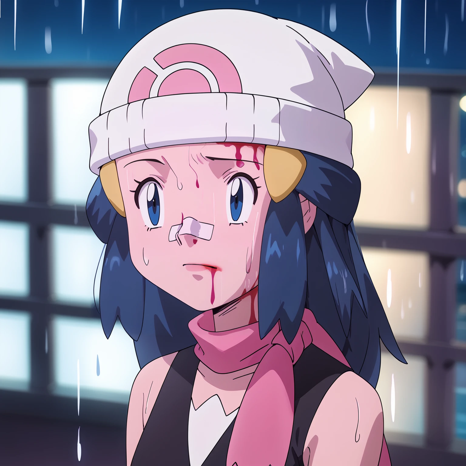 score_9, score_8_up, score_7_up, BREAK
1girl, dawn \(pokemon\), beanie, long hair, blue hair, blue eyes, black sleeveless shirt, pink scarf, 
portrait, blood on face, bandaid on nose,blurry background, pink lighting, night, dark, pink theme, rain  <lora:YouLookLonelyXL_byKonan:1>  <lora:DawnXL:1>