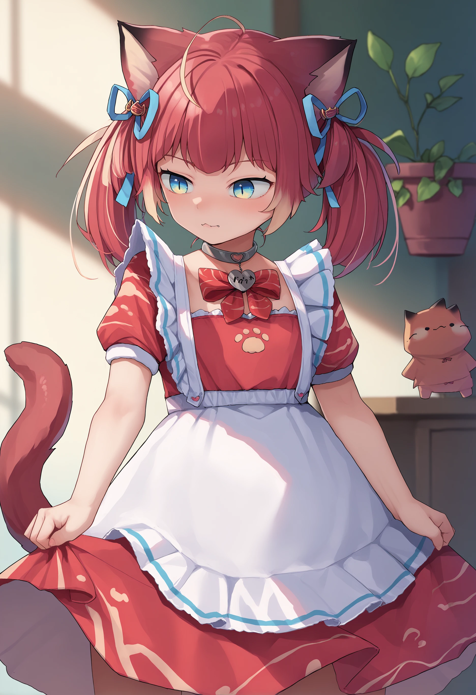 score_9, score_7_up, source_anime, uncensored, 1girl,
 <lora:spakamiKarubiXLPony:1> karubidef, blue eyes, ahoge, cat ears, animal ear fluff, tail, hair ribbon, dress, red dress, red bow, white apron, puffy short sleeves