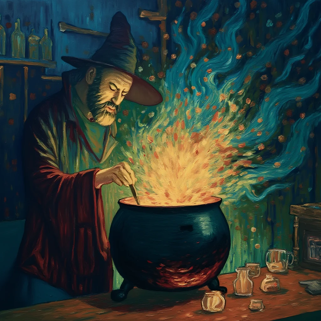 vncnt. A mystical fantastical scene. A wizard mixes ingredients into a magic cauldron as it explodes with magic