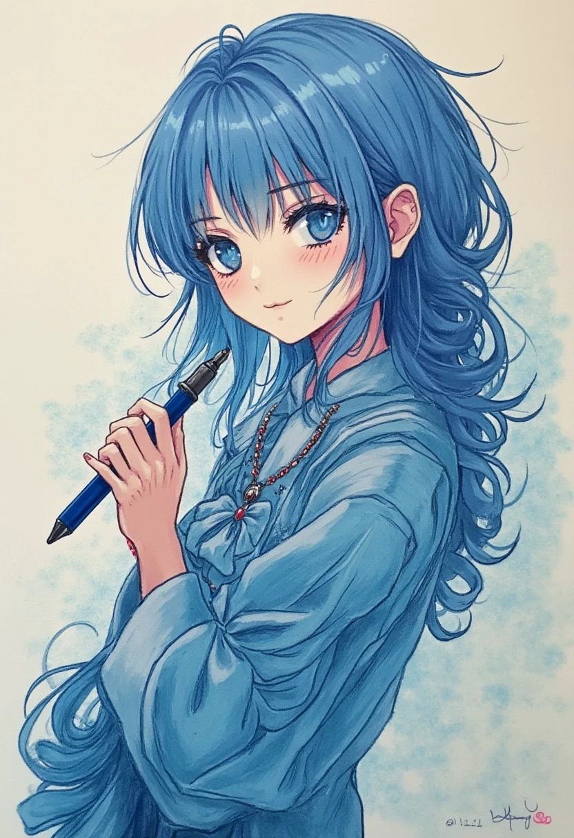 An detailed girl with blue Ballpoint pen painting.