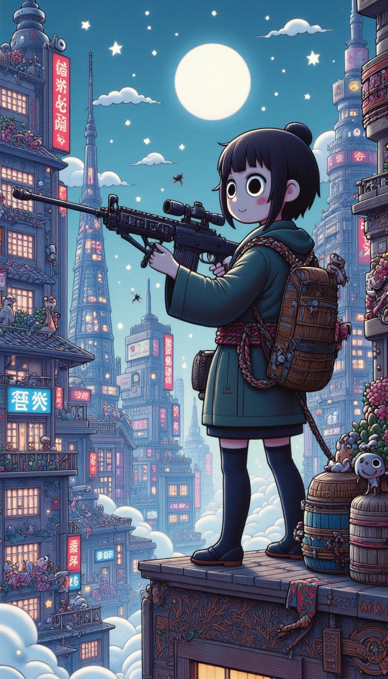 A lone, cybernetically-enhanced street samurai stands atop a mist-shrouded, neon-lit skyscraper in the sprawling metropolis of Neo-Tokyo, gazing out over the city as she carefully assembles a custom-made sniper rifle from a collection of intricately carved, precision-crafted components.