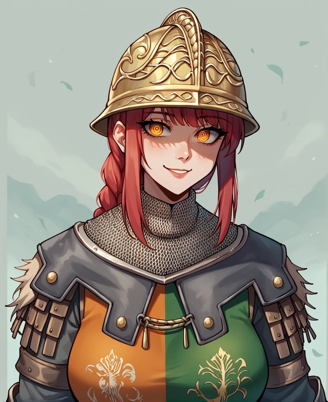 woman warrior portriet, girl face, illustration,  close up, helmet on, chainmail coif, green and orange tabard, worn armor, gloves, armored boots, lake background, sands, elden ring, godrick soldier, ((digital art)), torso shot <lora:Vector cartoon illustration:0.3> , half body view <lora:Pony_EldenRing_GodrickSoldier_v3:0.7>, ((makima face)), red hair, a sly smile, a mystical look, makima spiral eyes, orange eyes, portrait of an anime person, aesthetic, wlop, trending on artstation, deviantart, anime key visual, 8k uhd, score_9, score_8_up, score_7_up,