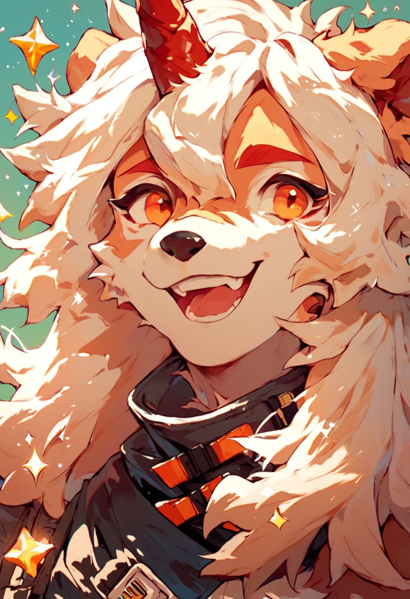 score_9, score_8_up, score_7_up, score_6_up, furry, anthro, solo, hung, perro, arknights, two-tone fur, medium hair, white hair, single horn, orange eyes, seductive, upper body, happy, smile, sparkles, <lora:Hung:1>