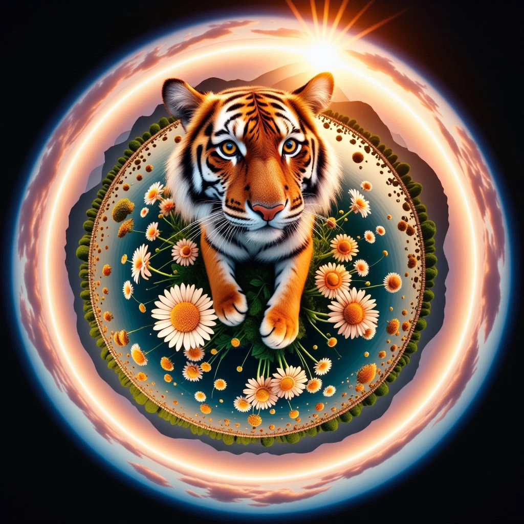 <lora:TinyPlanetFlux:1> TinyPlanet charmed, tiger, In a realm of perpetual bloom, a garden of everlasting spring mesmerizes, its eternal flowers an embodiment of eternal life, Creating halos around light sources