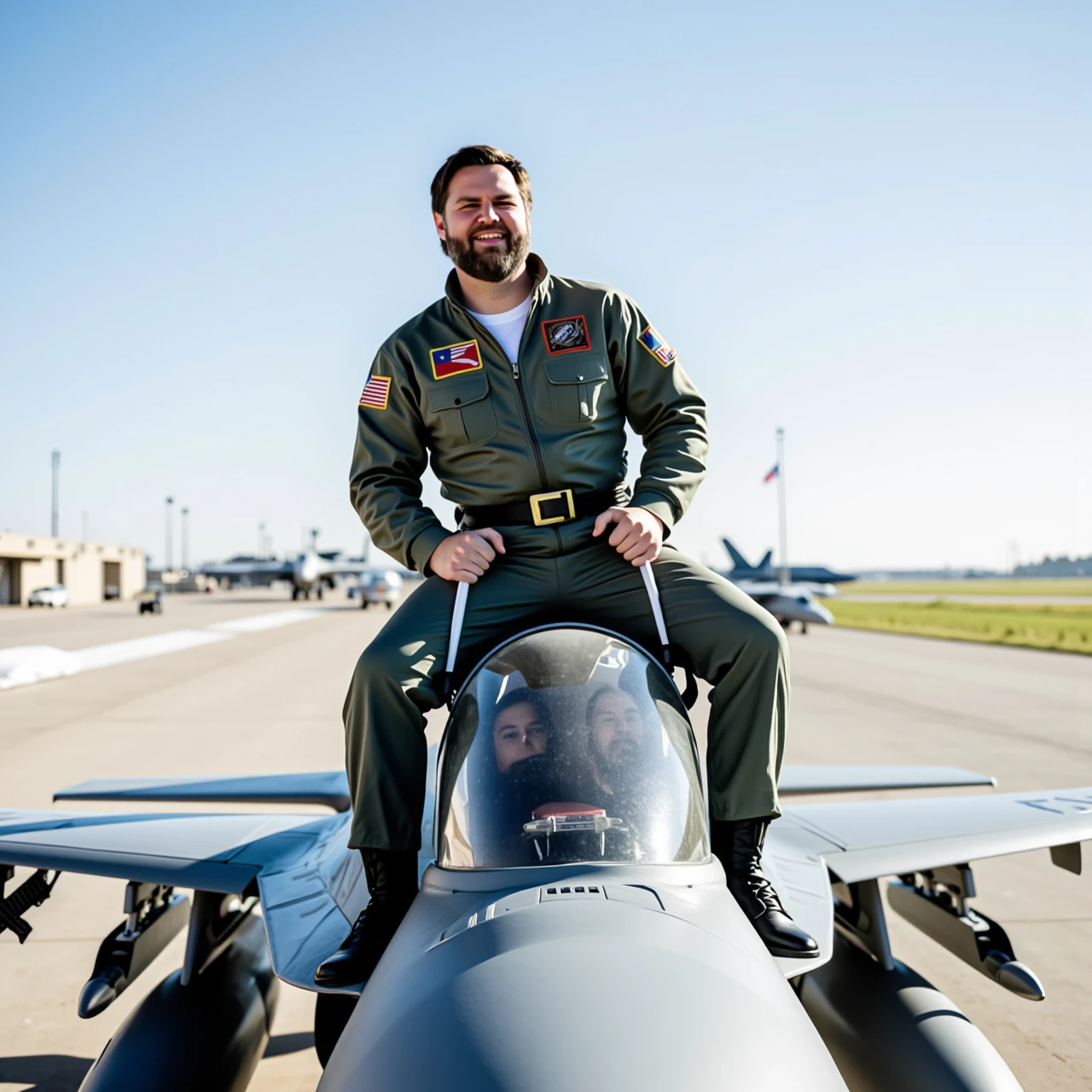 A photo of JD Vance

Subject: JD Vance

Appearance: JD Vance is wearing a fighter pilot's jumpsuit, complete with patches, zippers, and a sturdy belt, exuding a military-style look. His signature short, well-groomed beard is visible, and he has a playful yet determined expression, embracing the ironic nature of the scene.

Pose: Straddling ontop of the nose of an F-16 fighter jet as if riding it like a motorcycle. His hands grip the sides of the jet's nose, and his feet are planted on the jet's surface, with the jet's cockpit and wings visible behind him.

Setting: On a military base runway during daytime. The expansive runway stretches out in the background, with a few other jets and military equipment visible in the distance. The sky is clear, and the sunlight casts a bright, natural light over the scene.

Background: The military base's runway is in focus, with the F-16 jet being the central feature. The vast, open space of the runway is contrasted by the technical details of the jet and the surrounding military environment. he is tiny in comparison to the large fighter jet

Mood/Atmosphere: The scene is playful and ironic, mixing the seriousness of a military setting with the unexpected, humorous image of JD Vance riding an F-16 jet. The daytime setting enhances the clarity and detail, adding to the surreal and entertaining nature of the image.