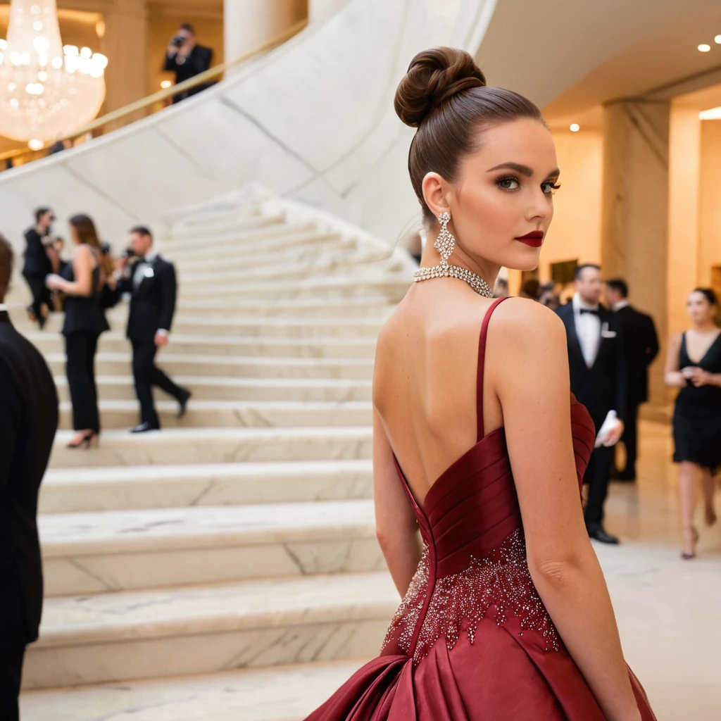 <lora:m414m_67XL-000008:0.8>, a (close up) photograph of 21 year old beautiful(m414m woman:1.1) as a socialite, attending the met gala,wearing an (elegant sangria red vera wang ball gown:1.2) with long train,wearing diamond necklace and earrings,long brown hair in chignon,(standing on a curved marble staircase:1.3),in the atrium of an (elegant hotel:1.2),red lipstick,makeup and eyeshadow,looking over shoulder,(face focus:1.2)(side view:1.2), professional portrait, 4k wallpaper, highly detailed, bokeh