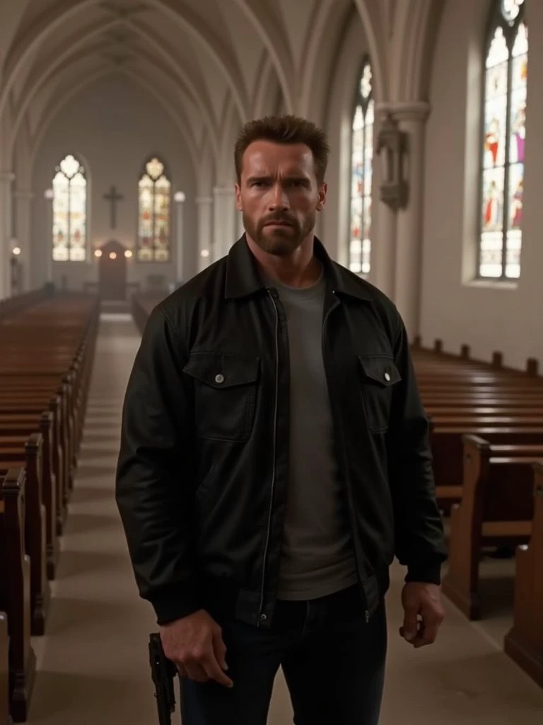 A muscular Caucasian Arnold Schwarzenegger man, as JerichoMan, a scruffy police detective with short facial hair. He wears a black jacket and a gray shirt with dark pants. He is holding a pistol handgun as he stands in a church with a serious and angry expression. The image background is filled with a large open church interiopr with big arches and pillars and church pews and stained glass church windows. The image conveys his contempt and bitterness towards God and the sense a fight may occur within the church. <lora:ArnoldActionHero_Flux:0.8>