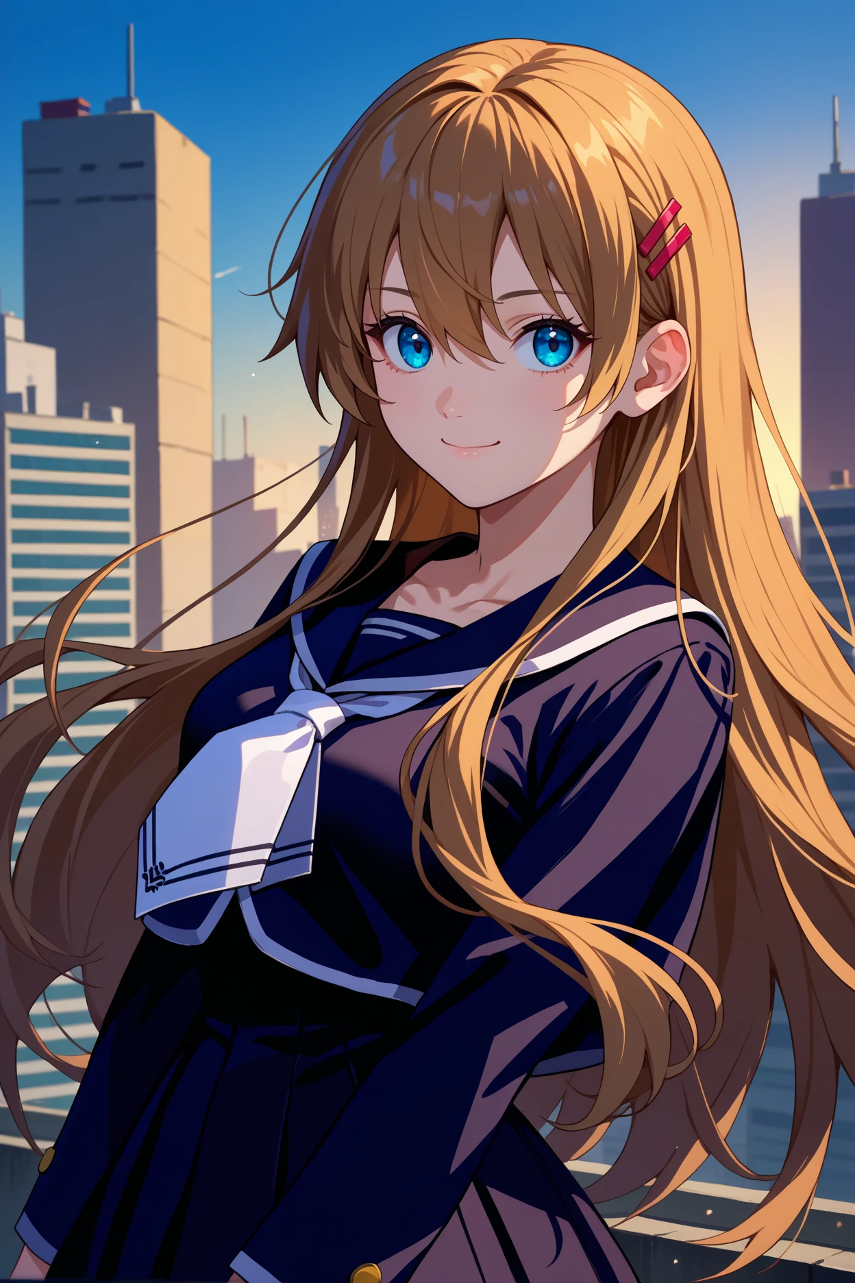 score_9, score_8_up, score_7_up, score_6_up, source_anime, 1girl, solo,  <lora:hiiragiasuka-pdxl-nvwls-v1-000005:1> txasuka, long hair, brown hair, blue eyes, hairpin, black serafuku, white necktie, school uniform, black skirt, white thighhighs, upper body, looking at you, happy, smile, closed mouth, city