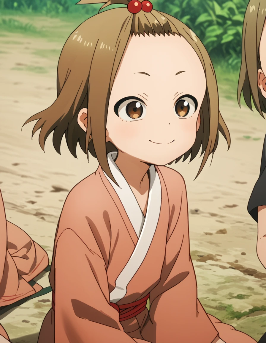 Housenka, short hair, brown hair, hair ornament, brown eyes, japanese clothes, hair bobbles, forehead score_9, score_8_up, score_7_up, score_6_up, score_5_up, score_4_up, source_anime ,<lora:HeartofKunoichiTsubaki:1>, Smile, sitting,