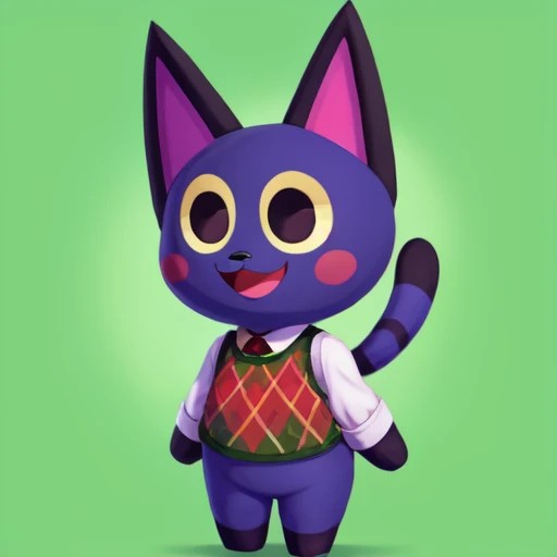 score_9_up, score_8_up, score_7_up, score_6_up, kiki \(animal crossing\), cat, argyle vest, argyle clothes, green topwear, furry, ambiguous gender, solo, striped tail, cat ears, smile, looking at viewer, animal ears, simple background, full body, open mouth, standing, masterpiece