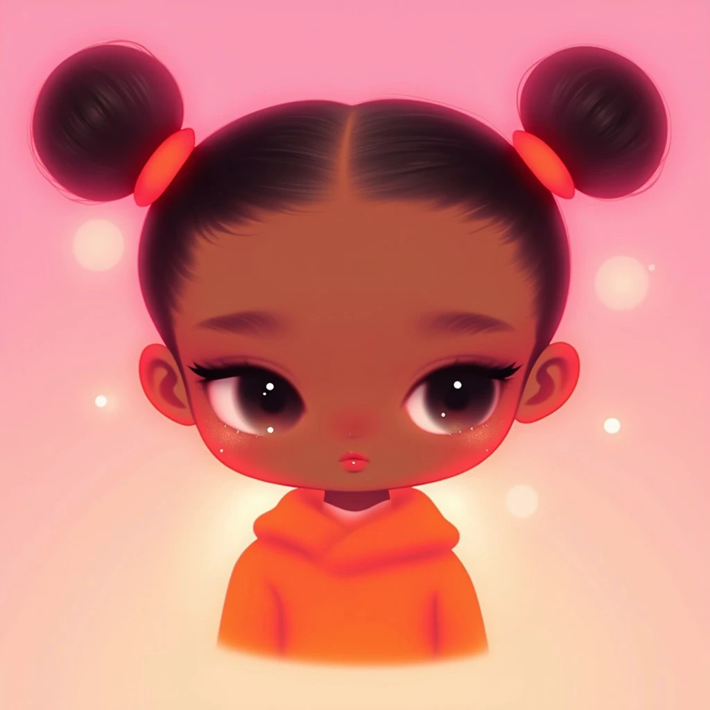 1girl, chibi style, dreamcore, soft lights, pink and orange colors, melanin, two buns, cute, kawaii, adorable, big eyes, very big eyes, small nose, small lips,