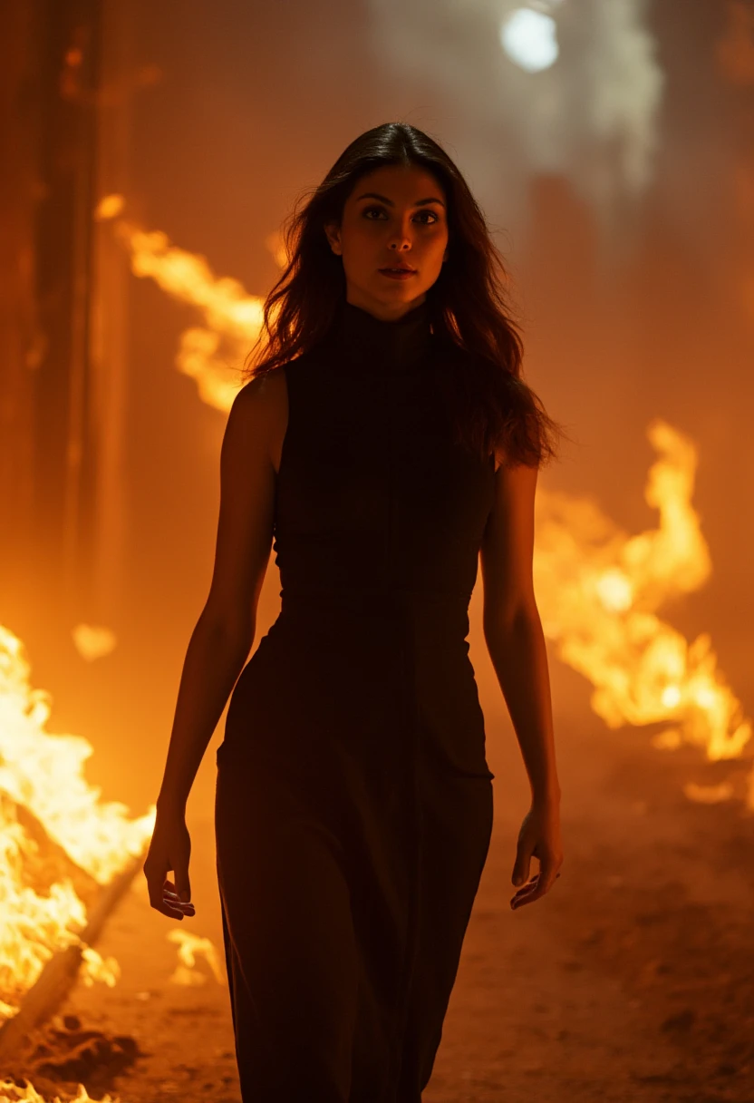 An ultra-realistic, magazine-quality photo of Morena Baccarin walking through a burning building surrounded by fierce flames and dense smoke. She appears composed and unaffected, her black high-neck dress contrasting beautifully with the intense heat of the fire. Her long brown hair flows gracefully as she moves forward confidently, with dramatic lighting highlighting the scene. The warm glow of the flames and the cool tones of her dress create a striking visual contrast, captured in sharp detail with deep shadows and vivid colors