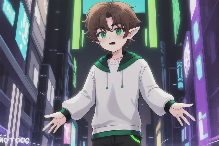 solo, 1boy, {{brown hair}}, {elf ears}, {{green eyes}}, green eyes, only green eyes,{white t-shirt, blue jacket, black pants},{purple soft light},{high saturation}, {{neon city background}}, cyberpunk background, cyberpunk city