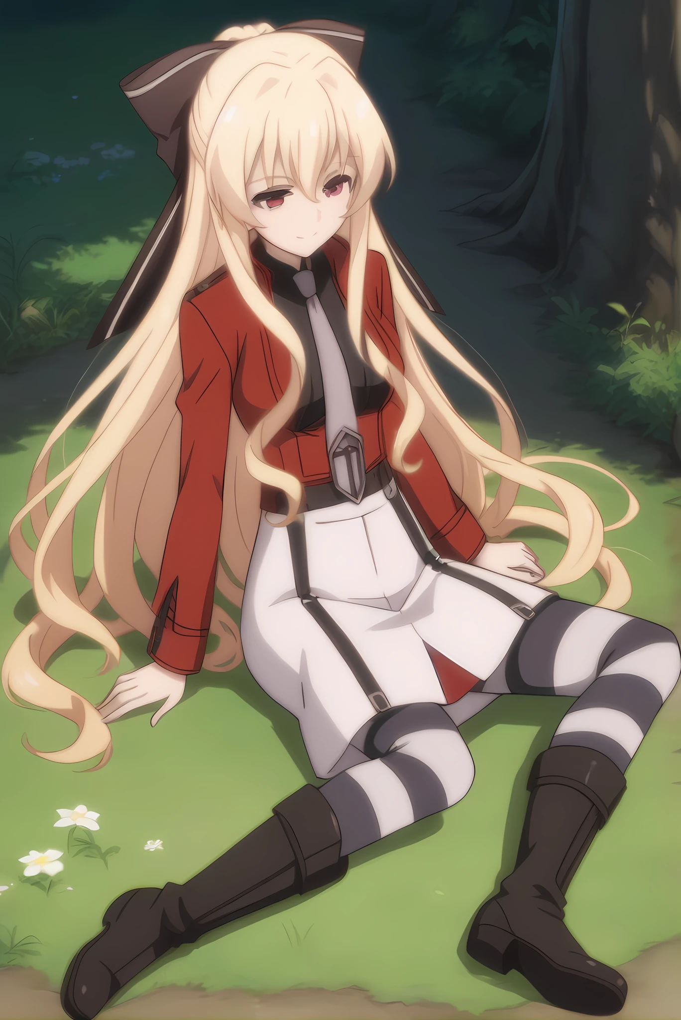 (red jacket necktie black shirt white skirt striped thighhighs black boots), mt-leticia-mature, mature, aged up, blonde hair, hair bow, 1girl, solo, skinny, feet, score_9, score_8_up, score_8, score_7_up, score_7, source_anime, light smile, outdoors, (full body|sitting|standing|lying|:1.20), <lora:mt-leticia-V01-000004:0.90>