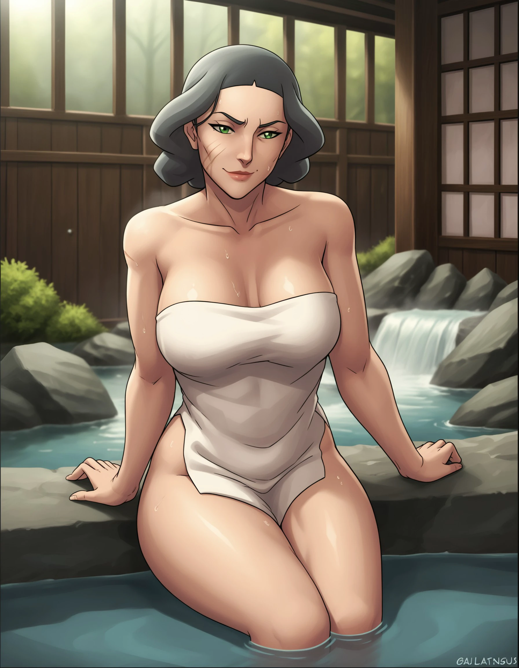 score_9, score_8_up, score_7_up, 1girl, solo, Lin Beifong, green eyes, grey hair, scar, facial mark, mature female, relaxing in a hot spring, wet hair, steam rising, serene expression, towel loosely draped, water droplets on skin, candlelight ambiance, calm atmosphere, spa setting, gentle smile, peaceful look, quiet solitude, <lora:43c9864a-51f8-4990-96cf-c4f90a39448d:0.8>