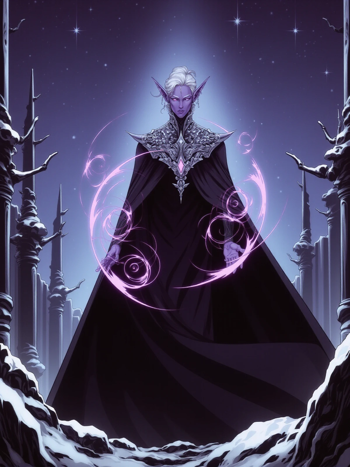 A vAn ultra-detailed, breathtaking digital illustration of Essek, a male drow with a regal appearance. His skin is a deep amethyst purple, laced with subtle lighter veins. His hair is a cascade of snow-white curls, beautifully contrasting his dark skin. He wears an opulent black robe adorned with intricate silver embroidery as a collar that shimmers in the light. A long black cloak billows behind him, moved by an unseen breeze.
Essek is depicted in the act of casting a powerful spell. His hands are enveloped by swirling vortexes of deep purple magical energy, dispersing into the air in luminous spirals. His eyes glow purple, emanating an aura of mystical power.
The background is an ethereal winter landscape. Bare, crystal trees stand stark against a star-studded night sky. Snow falls gently, reflecting the purple light of Essek's magic.
The entire scene is rendered with extraordinary detail, worthy of a masterpiece. Every snowflake, every fold of the cloak, and every spark of magic is defined with near-photographic precision, creating an image that immediately captivates and stimulates the imagination
