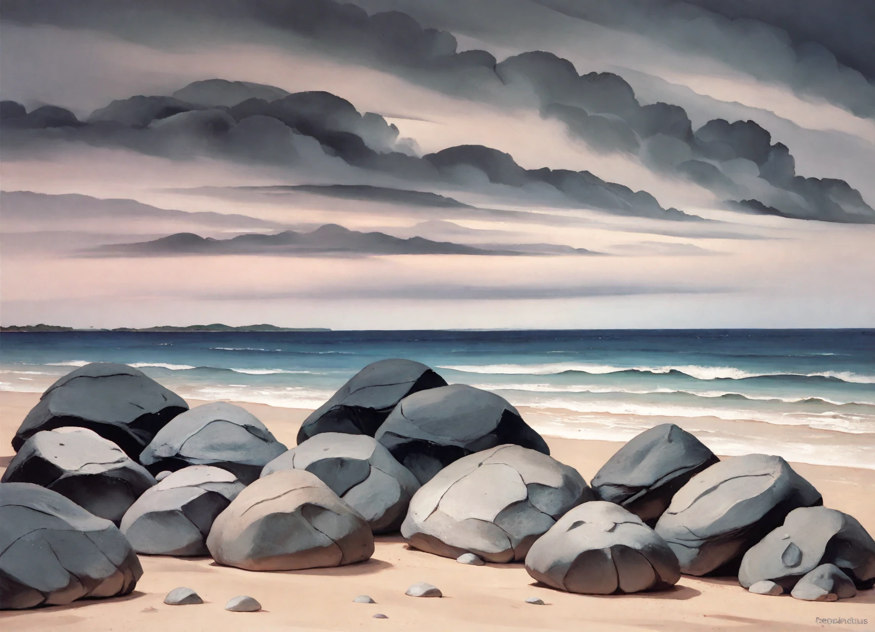 <lora:georgia-o-keeffe_pony_v1:1> '  beach rocks clams  ' by o'keeffe georgia in 1900,abstract painting \(genre\),precisionism \(style\) ,, score_9, score_6_up, score_7_up