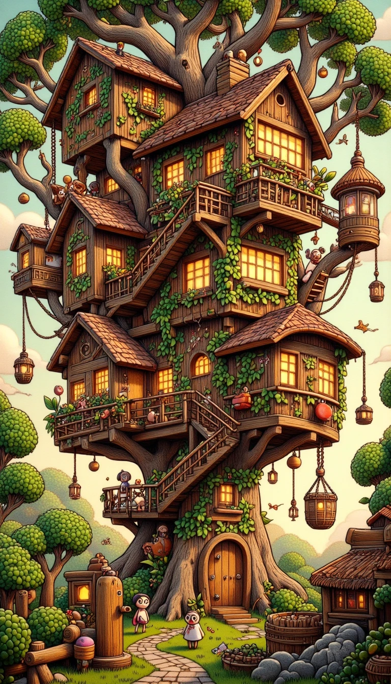 3D render of a large, labyrinthine treehouse with a rustic, wooden exterior and leafy green vines covering the walls. The treehouse has multiple levels, with winding staircases, rope bridges, and small platforms connecting each level. The treehouse is built around a massive, ancient tree with sprawling roots and thick branches. The scene is set in a lush, green forest with dappled sunlight filtering through the leaves. Warm, golden hour light illuminates the treehouse and surrounding forest. The overall mood is peaceful and serene, evoking a sense of childhood wonder and adventure.