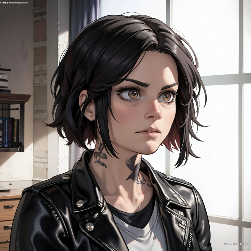 Best_QualityPos, RAW photo, intricate details, best quality, 8k hdr, soft lighting, 1girl, solo, blindjane, black hair, short hair, brown eyes, black leather jacket, long sleeves, white shirt, tattoo, expressionless <lora:Jane_Doe:0.7>