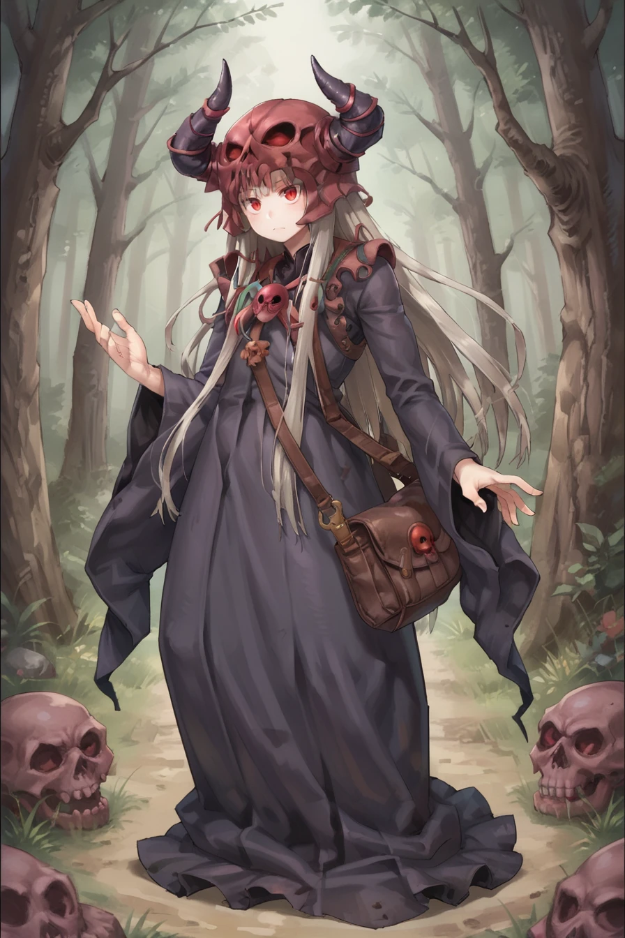 (score_9, score_8_up, score_7_up, score_6_up), source anime, BREAK, <lora:Necromancer:0.7> , necdef, 1boy, red eyes, long hair,  grey hair, horned helmet, skull brooch, robe, long sleeves, bag, looking at viewer, solo, standing, full body,  <lora:zy_Detailed_Backgrounds_v1:0.2> , detailed background, highly detailed, outdoors, forest,   <lora:tangtang:0.65> , tangtang,