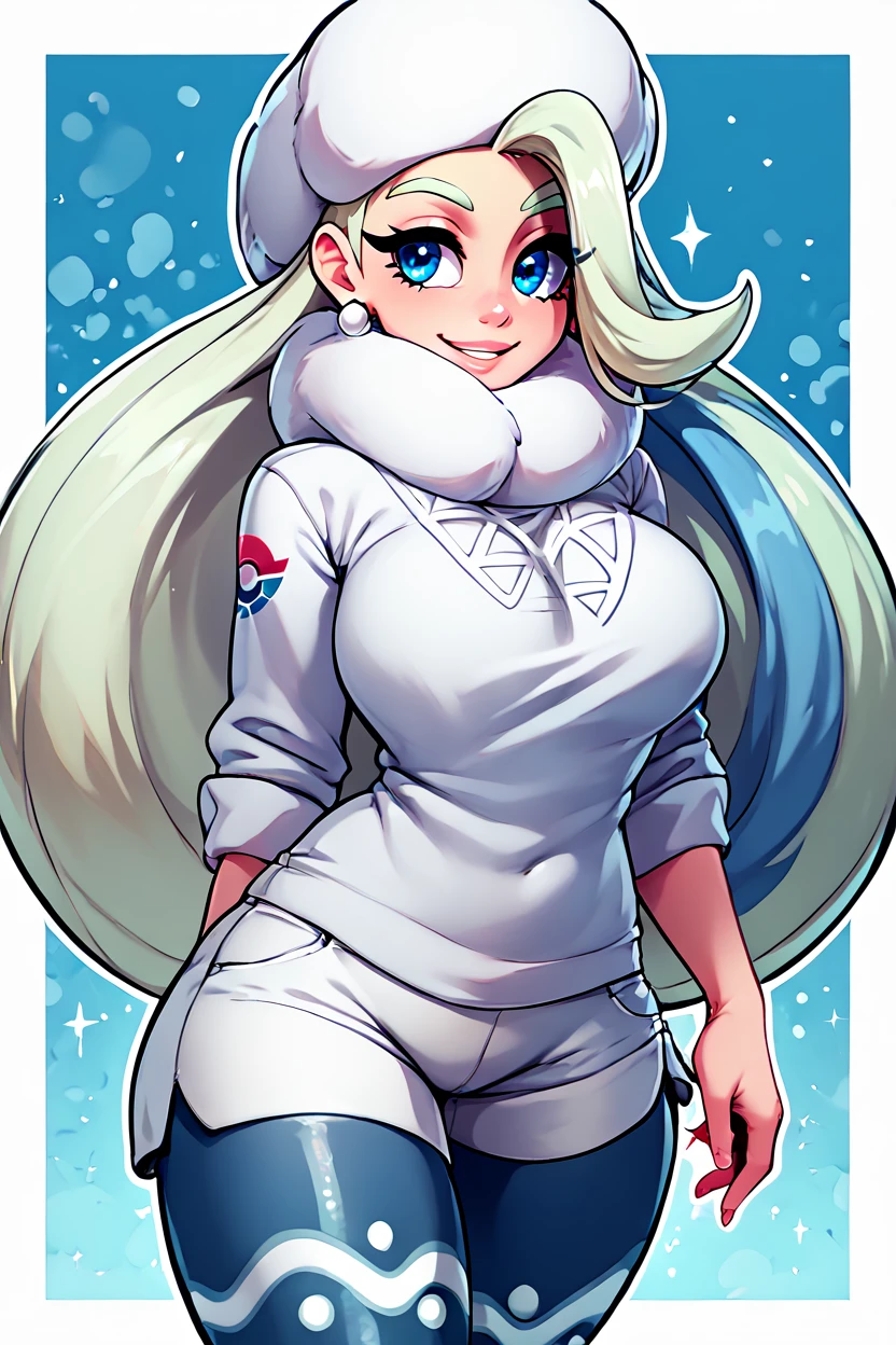 score_9, score_8_up, score_8, medium breasts, (curvy), cute, eyelashes,       BREAK, , zzMelony, blue eyes, white hair, long hair, huge breasts,  fur hat, white scarf, white sweater, white shorts, leggings, white boots,  <lora:Melony_Pokemon_PDXL_Citron:0.8>, , BREAK, smile, looking at viewer,  abstract background, white outline, cowboy shot, embedding:zPDXL, Expressiveh, <lora:theOtherHalfPDXL:0.8>,  <lora:CatalystStylePDXL:0.6>,  <lora:SDXLFaeTastic2400:0.5>,  <lora:Expressive_H-000001:0.4>,