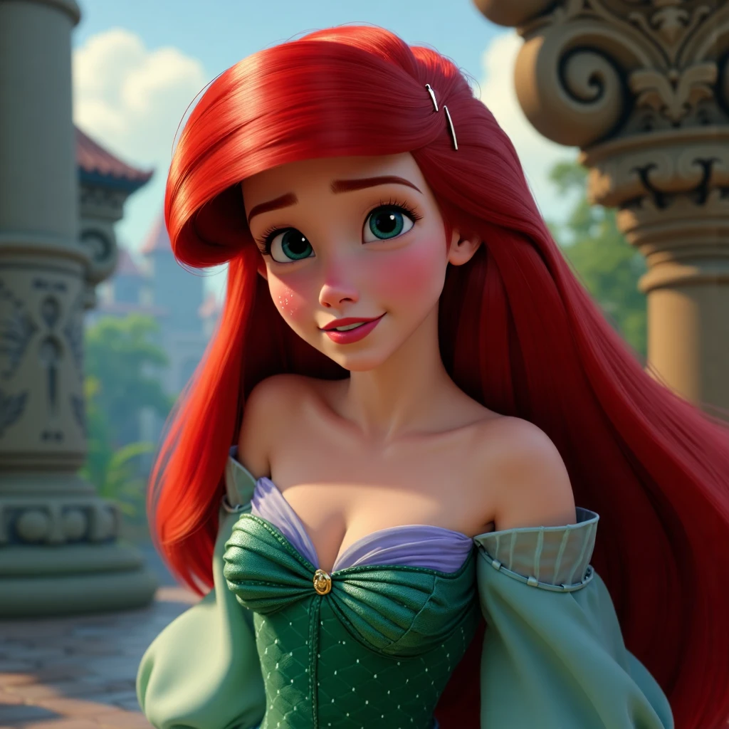 Ariel the Disney Princess in human street clothes, long sleeves, pants, cinematic close up. Cute nose, pale skin, slim build. Long full red hair, intricate, elegant, highly detailed, by Raphael and Rossi and Bettencourt and Zabrocki and Gabor and Alcarol and Hoang and Wlodarczyk, Master painters, art galleries, trending on artstation