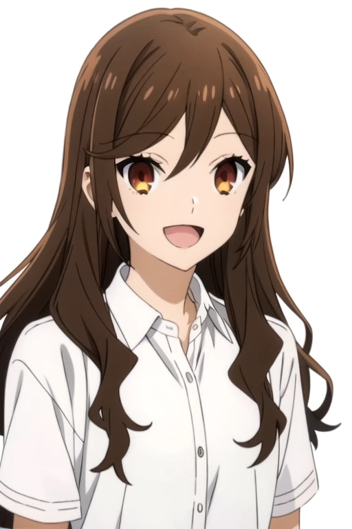 solo, 1girl, looking at viewer, 2D, anime, official style, anime coloring, anime screencap, upper body, (simple background, solid white background:1.3), <lora:kyouko-horimiya:0.8>, kyouko hori, school uniform, smile, :d, open mouth