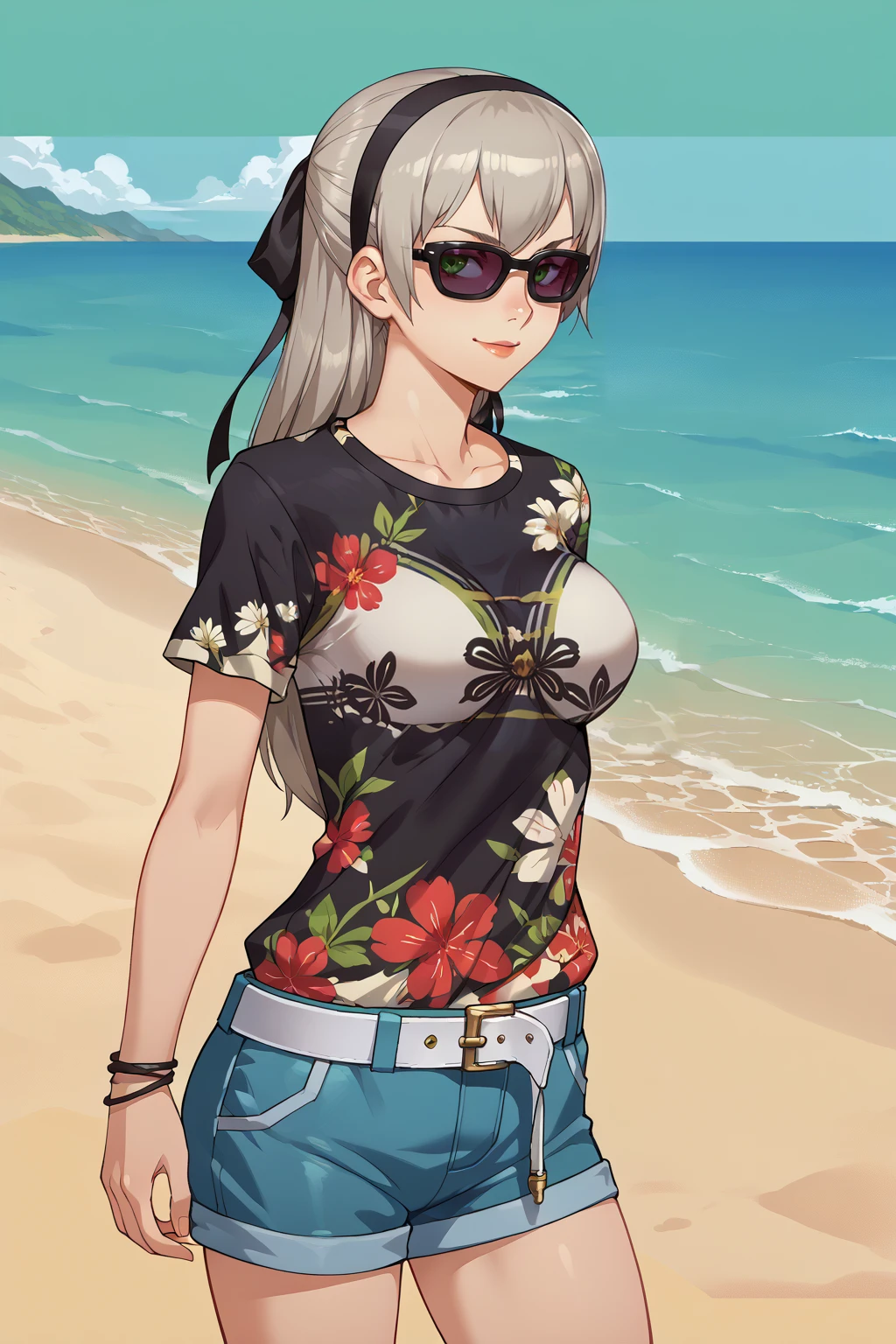 score_9, score_8_up, score_7_up BREAK  1girl,solo,smile,large breasts,beach
wearing edgCasual_fashion, solo,  shirt, jewelry, short sleeves,cowboy shot, shorts, belt, pants, bracelet, floral print, sunglasses,  hands in pockets, print shirt 
 <lora:edgMensFashionPony:1>
 <lora:elie-pdxl-nvwls-v1:0.85> zeroelie, hairband, hair ribbon,grey hair,green eyes