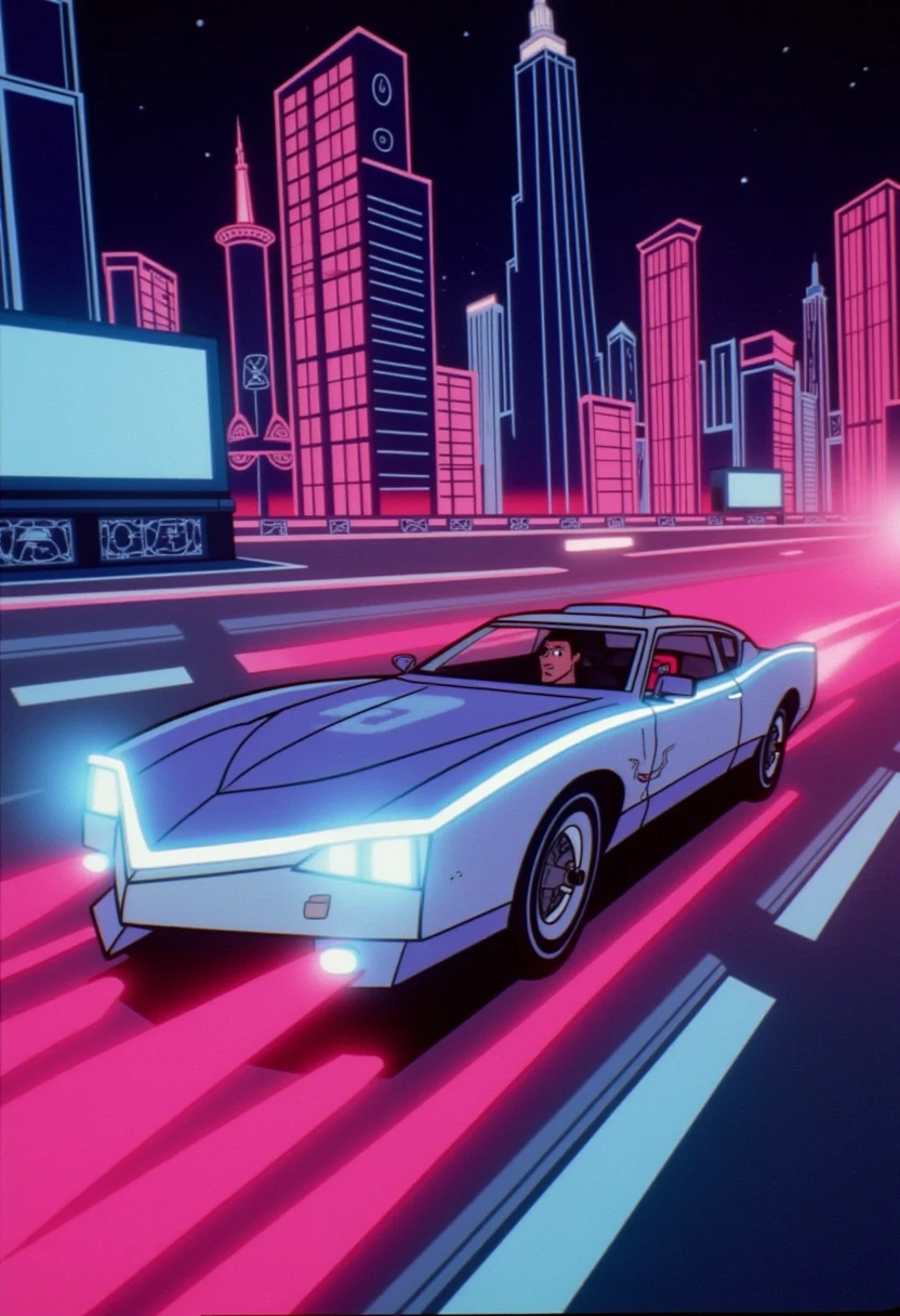 A colored digital art of a futuristic car with sleek, aerodynamic design and bright neon lights, racing through a high-tech city with glowing billboards and skyscrapers. The scene features vibrant colors and dynamic lines to convey speed and excitement, the_powerpuff_girls_style