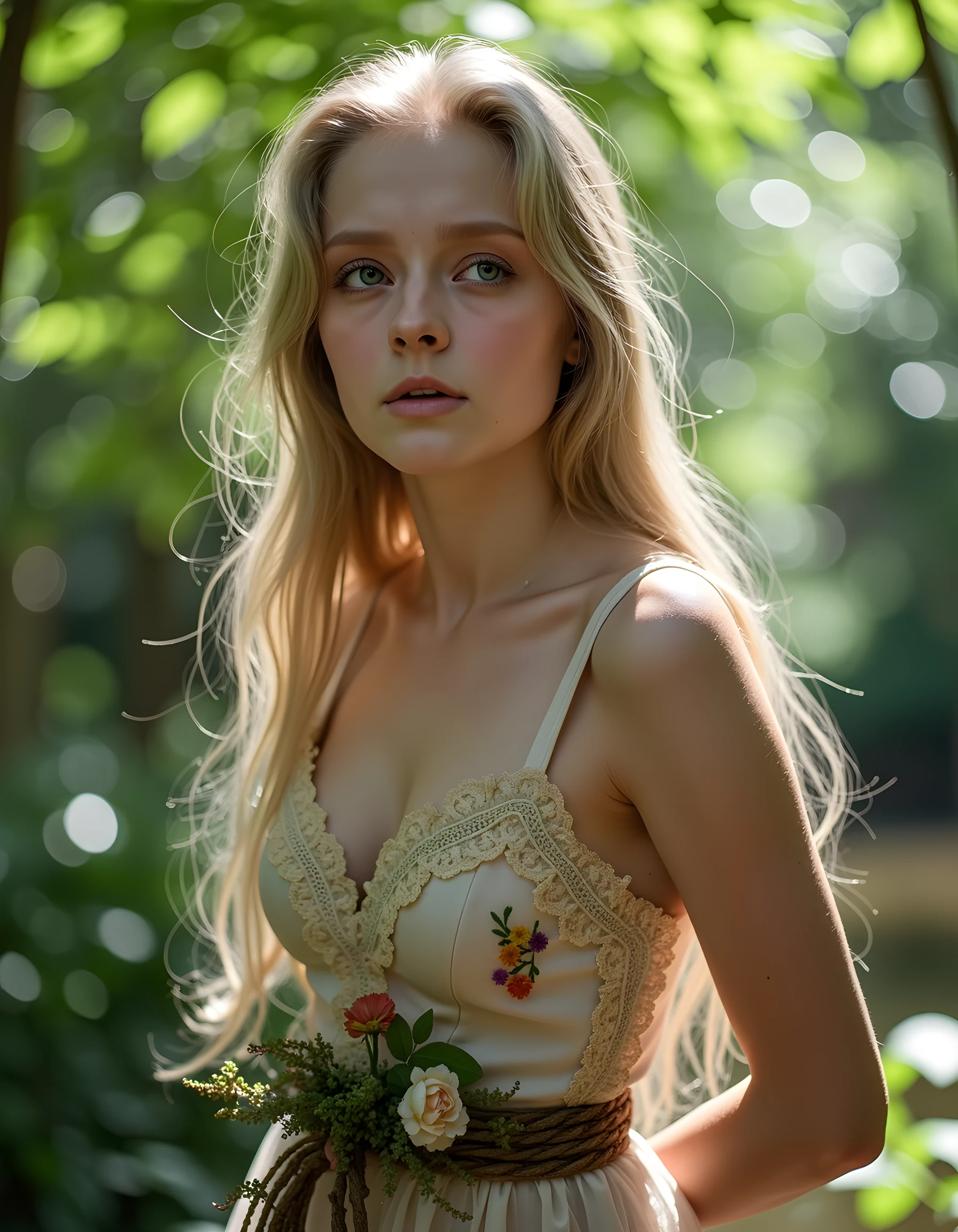 Cinematographic still featuring a 18yo girl, high resolution, Realism, 8K. A blonde curvy girl(with very pale skin, long hair(combed back)), (freckles:0.55), Hair: gold-blonde hair(Straight LONG hair).
Dressed in a revealing tight lace-outfit(burgundy/ Rose-Gold, with intricate floral-patterns, and a ribbon-bow tie, gold details) **Background**: Standing(surrounded by greenery lush plants and cats).
, **Visual Effects**: - (((**Color Palette**: Burgundy/Rose-Gold ))). And The colors are desaturated(emphasizing the gloom). The overall effect is akin to the Kodachrome slides of yesteryears, with a touch of Lomography’s(capturing a moment frozen in time). The scene is dark, withbacklighting and a blurred bokeh background. ((CLOSE UP SHOT, from the below view))