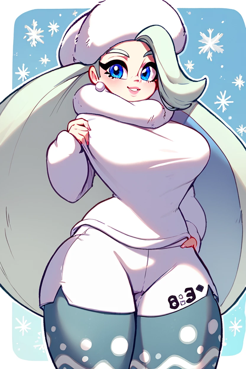 score_9, score_8_up, score_8, medium breasts, (curvy), cute, eyelashes,       BREAK, , zzMelony, blue eyes, white hair, long hair, huge breasts,  fur hat, white scarf, white sweater, white shorts, leggings, white boots,  <lora:Melony_Pokemon_PDXL_Citron:0.8>, , BREAK, smile, looking at viewer, cowboy shot, embedding:zPDXL,  <lora:DiivesP1:1.0>,