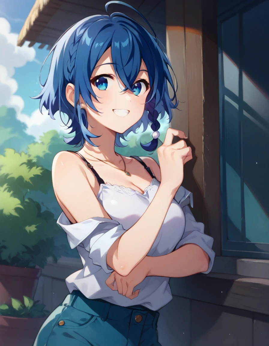 score_9,score_8_up,score_7_up,score_6_up BREAK official art,solo,outdoors,upper body,(portrait:1.5),looking at viewer,facing viewer,smile,misakino kukuru,ahoge,short hair,shiny hair,blue hair,braid,hair between eyes,blue eyes,jewelry,necklace,white camisole,medium breasts,blue shorts,short shorts,shorts rolled up,sandals,<lora:Misakino Kukuru(taws)-Pony:1.1>,<lora:Smooth Anime Style LoRA XL:0.8>,