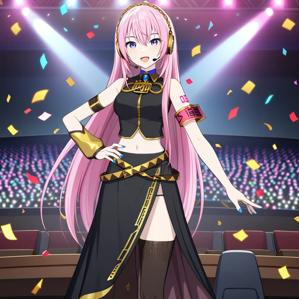 1girl, megurine luka, vocaroid, masterpiece, very aesthetic, absurdres, official art, newest,
solo, pink very long hair, blue eyes, nail polish,
looking at viewer, :D, singing songs, BREAK
thighhighs, armband, skirt, long skirt, black shirt, black skirt, gold trim, navel, shoulder tattoo, shirt, amulet, side slit, headphones, belt, black thighhighs, bare shoulders, nail polish, midriff, headset, sleeveless, blue nails, crop top, detached sleeves, single detached sleeve, sleeveless shirt, arm warmers, uneven sleeves, asymmetrical sleeves, single sleeve, see-through, breasts, zettai ryouiki, hairband, armlet,
idol stage, stage light, neon light, confetti-flurry, psyllium, auditorium is filled with spectator,
<lora:sdxl-vs-DefaultLuka01:0.6>