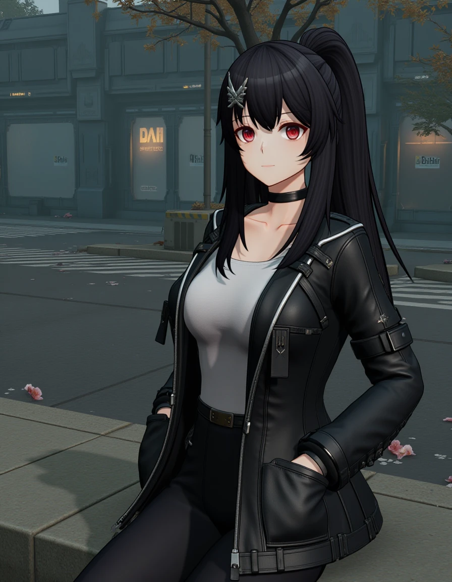 <lora:GF2style-flux:1> gf2style
one long black hair girl has red eyes and oval face, she is wearing back leather jacket a black choker on her neck, her hands is in jacket pockets, she is sitting by the street, trees and flowers environment,
the latest anime style, the newest anime art style, super high resolution, extremely detailed clothing and skin, uncensored,anatomically correct,best perspective, fashion, super detailed fabric, fine fabric emphasis, realistic hair, 3D texture, natural light, light rays, ray tracing,Anime style, extremely detailed environment