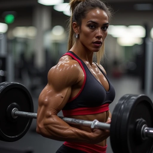 Beautiful muscle mommy that is lifting weights in a gym, sweaty, looking at viewer with an intense expression