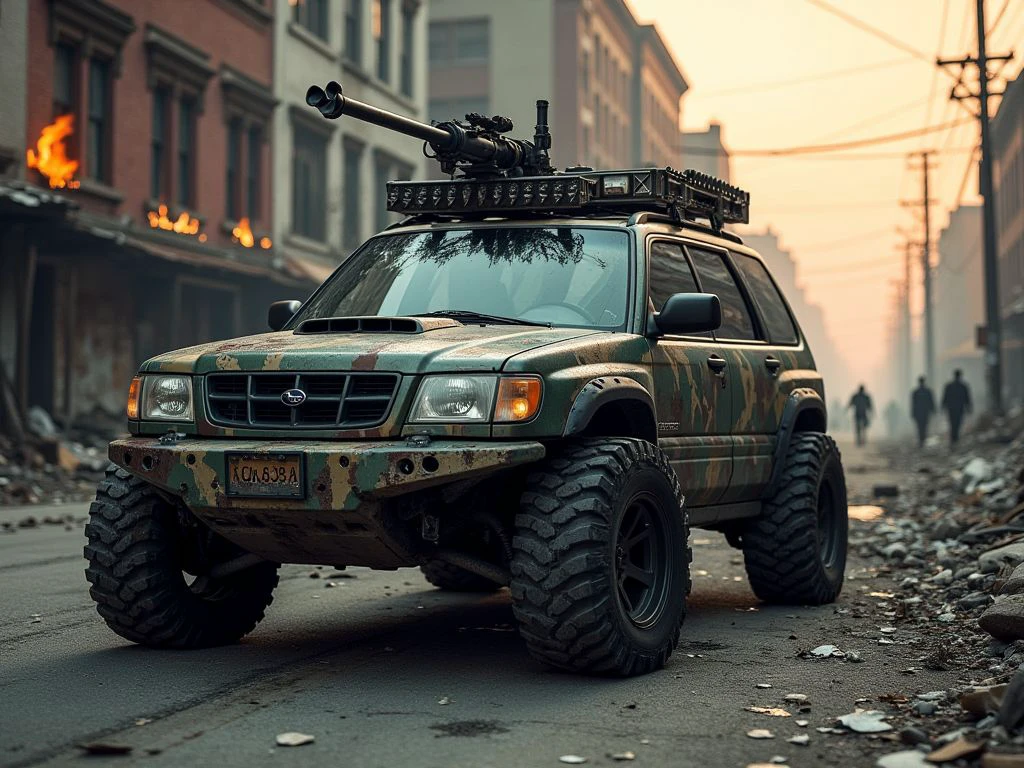 2000Subaru, A gritty, wide-angle shot presents a heavily modified 2000 Subaru Forester as the ultimate zombie apocalypse survival vehicle. The once-sleek body is now a menacing amalgamation of armor plates, sporting a patchwork of its original military camo and metal makeshift armor. The vehicle is painted with a military camo design, its windows covered by makeshift armor. The headlights are protected by metal grilles. A massive plow adorned with huge spikes dominates the front, while the roof supports a 360-degree pivoting machine gun turret. Oversized, spiked off-road tires grip the debris-strewn street of an abandoned city. The car's sides are adorned with make-shift weaponry and scavenged supplies. A pair of exhaust stacks rise behind the cabin, belching black smoke. The scene is set in a hazy, red-tinged dusk, with burning buildings in the background and shadowy figures approaching in the distance. This image embodies the fierce determination to survive in a hostile, post-apocalyptic world. <lora:2000SubaruForester_Flux_r1:0.7>