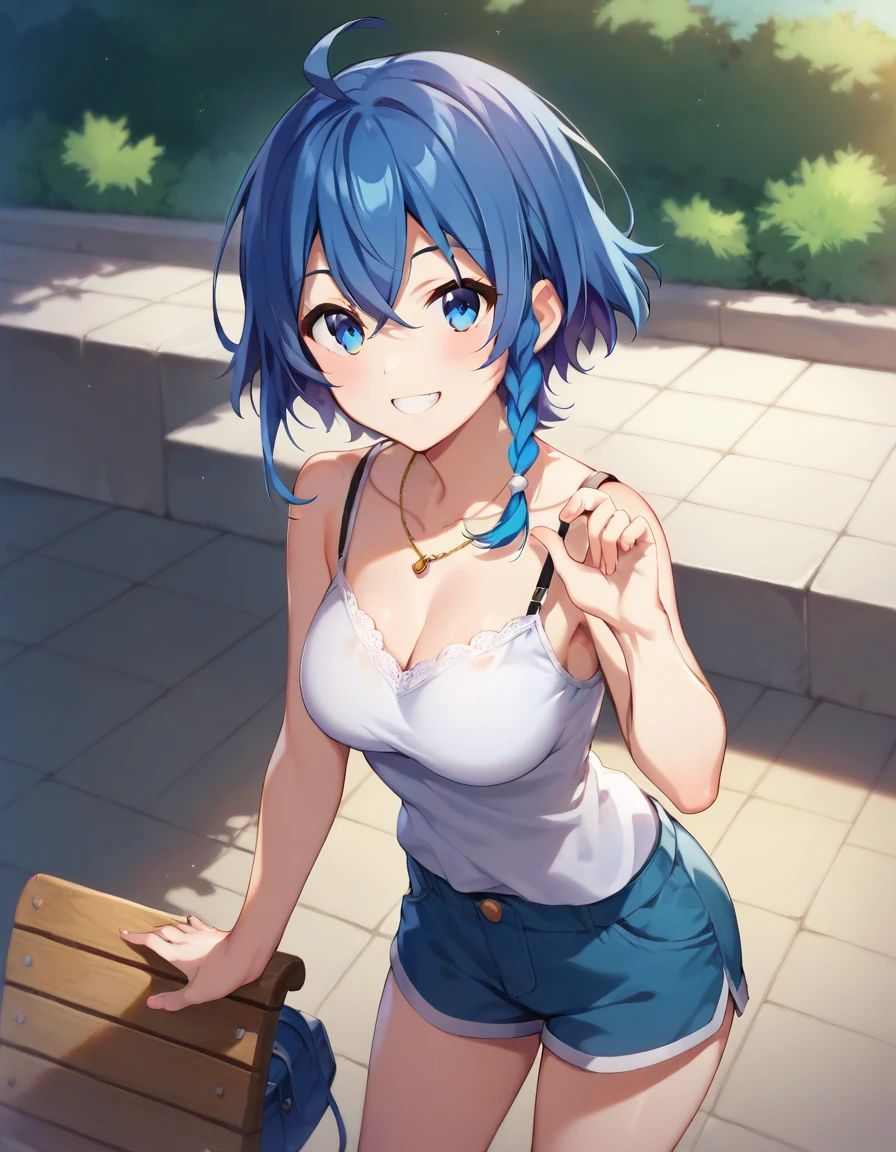 score_9,score_8_up,score_7_up,score_6_up BREAK official art,solo,outdoors,upper body,(portrait:1.5),looking at viewer,facing viewer,smile,misakino kukuru,ahoge,short hair,shiny hair,blue hair,braid,hair between eyes,blue eyes,jewelry,necklace,white camisole,medium breasts,blue shorts,short shorts,shorts rolled up,sandals,<lora:Misakino Kukuru(taws)-Pony:0.9>,<lora:Smooth Anime Style LoRA XL:0.8>,