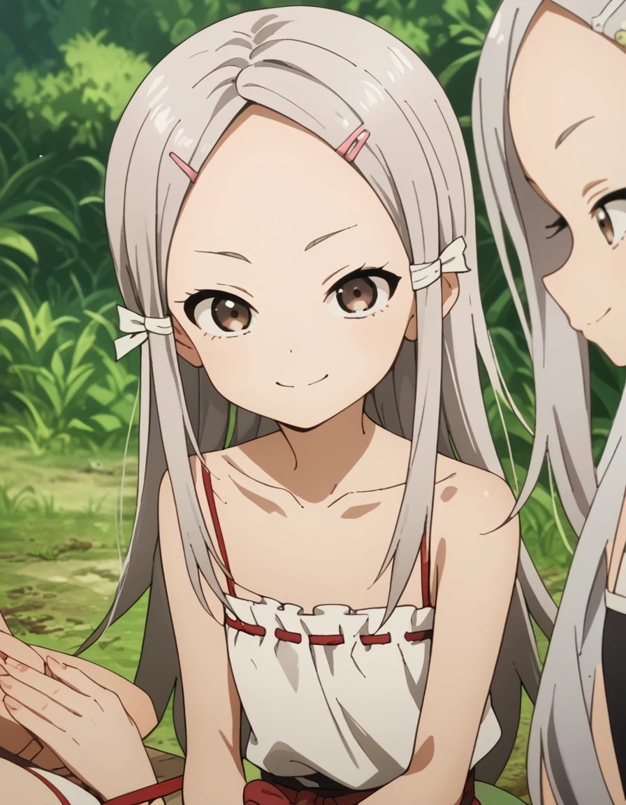 Ajisai, long hair, hair ornament, ribbon, bare shoulders, brown eyes, collarbone, grey hair, hairclip, white ribbon, forehead score_9, score_8_up, score_7_up, score_6_up, score_5_up, score_4_up, source_anime ,<lora:HeartofKunoichiTsubaki:1>, Smile, sitting,