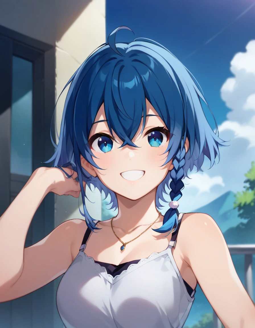 score_9,score_8_up,score_7_up,score_6_up BREAK official art,solo,outdoors,upper body,(portrait:1.5),looking at viewer,facing viewer,smile,misakino kukuru,ahoge,short hair,shiny hair,blue hair,braid,hair between eyes,blue eyes,jewelry,necklace,white camisole,medium breasts,blue shorts,short shorts,shorts rolled up,sandals,<lora:Misakino Kukuru(taws)-Pony:1.1>,<lora:Smooth Anime Style LoRA XL:0.8>,