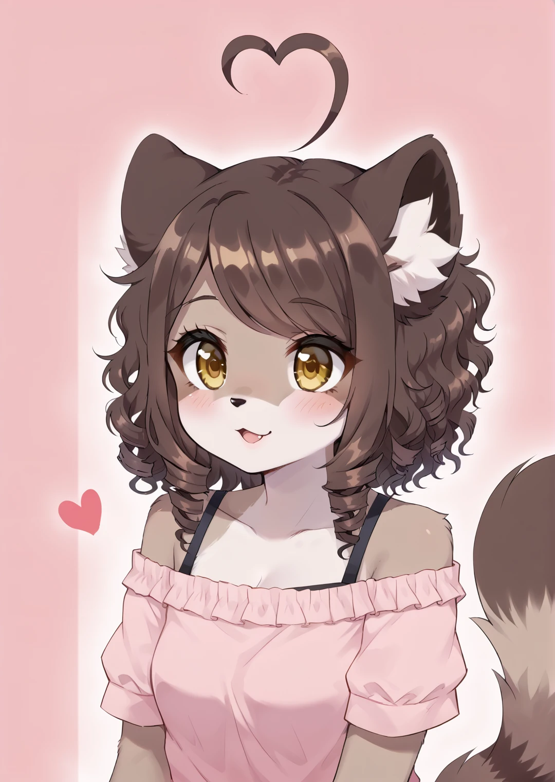 furry female, animal ears, yellow eyes, heart ahoge, Anthro, Tanuki girl, short hair, Curly Hair, by chinjireta, ringlets, <lora:CeriseTest3:0.7>,