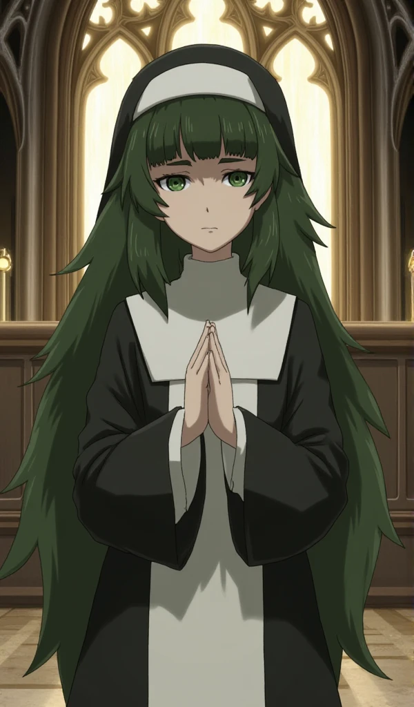 maho hiyajou, long green hair, wearing a sister nun clothes, looking at the viewer with love, a very romantic look, innocent gaze, praying with her hands, peaceful and serene atmosphere, calmness, love, peace, the background of a beautiful church, gothic style