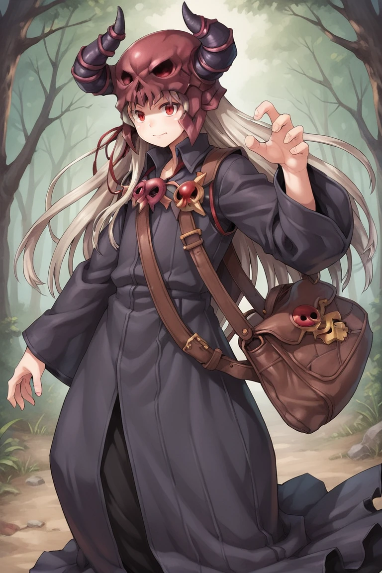 (score_9, score_8_up, score_7_up, score_6_up), source anime, BREAK, <lora:Necromancer:0.75> , necdef, 1boy, red eyes, long hair,  grey hair, horned helmet, skull brooch, collared robe, black robe, long sleeves, bag, looking at viewer, solo, standing, smile, (cowboy shot), action pose, dynamic pose, <lora:zy_Detailed_Backgrounds_v1:0.3> , detailed background, highly detailed, outdoors, forest,  <lora:90s4n1m3XLP:0.6> , 90s4n1m3,