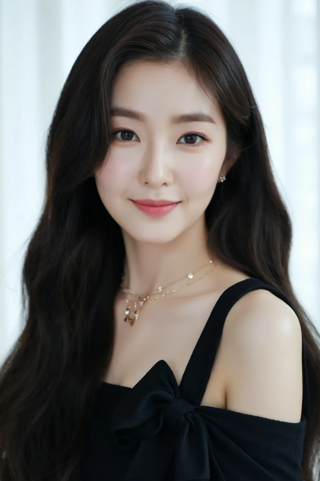 . beautiful korean girl with long, dark hair styled in soft waves. She is dressed in a chic, off-shoulder black top with a bow detail on one strap. Her jewelry is delicate, including a layered necklace and earrings, which add a touch of elegance to her overall look. The background is softly lit, with light filtering through what appears to be sheer curtains, giving the photo a gentle, serene ambiance. The image has a polished and sophisticated vibe, fitting for a fashion or lifestyle magazine spread., <lora:flux_realism_lora:1>, <lora:makinaflux_irene_v1.0:1>