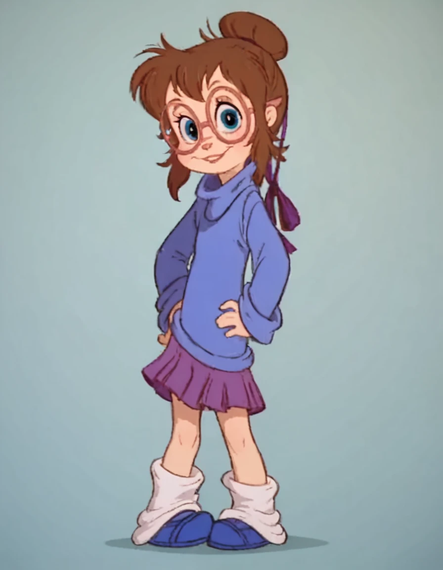 <lora:JeanetteMillerPony (1):1> jeanette, turtleneck sweater, brown hair,, hair bun, glasses, solo, skirt, blue eyes, hair ribbon, loose socks, smile, shoes, looking at viewer,cowboy shot,  hand on own hip, standing,simple background,, score_9, score_8_up, score_7_up, score_6_up, score_5_up, score_4_up