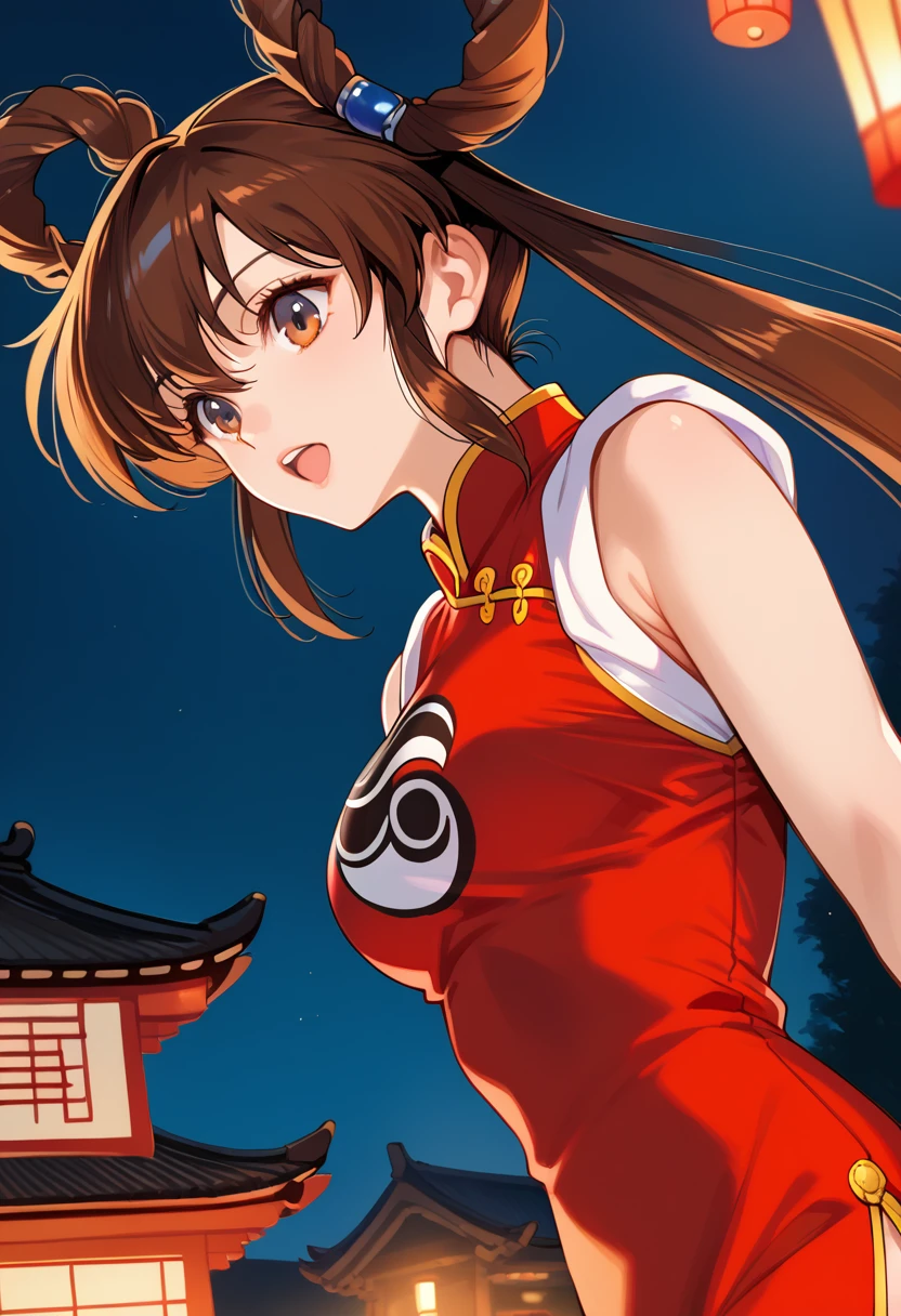 score_9, score_8_up, score_7_up, score_6_up, score_5_up, score_4_up, masterpiece, best quality, BREAK,
1girl, outdoors, night, chinatown, <lora:Mamono_Hunter_Youko:1> dyohko, long hair, brown hair, hair rings, chinese clothes, red dress, sleeveless