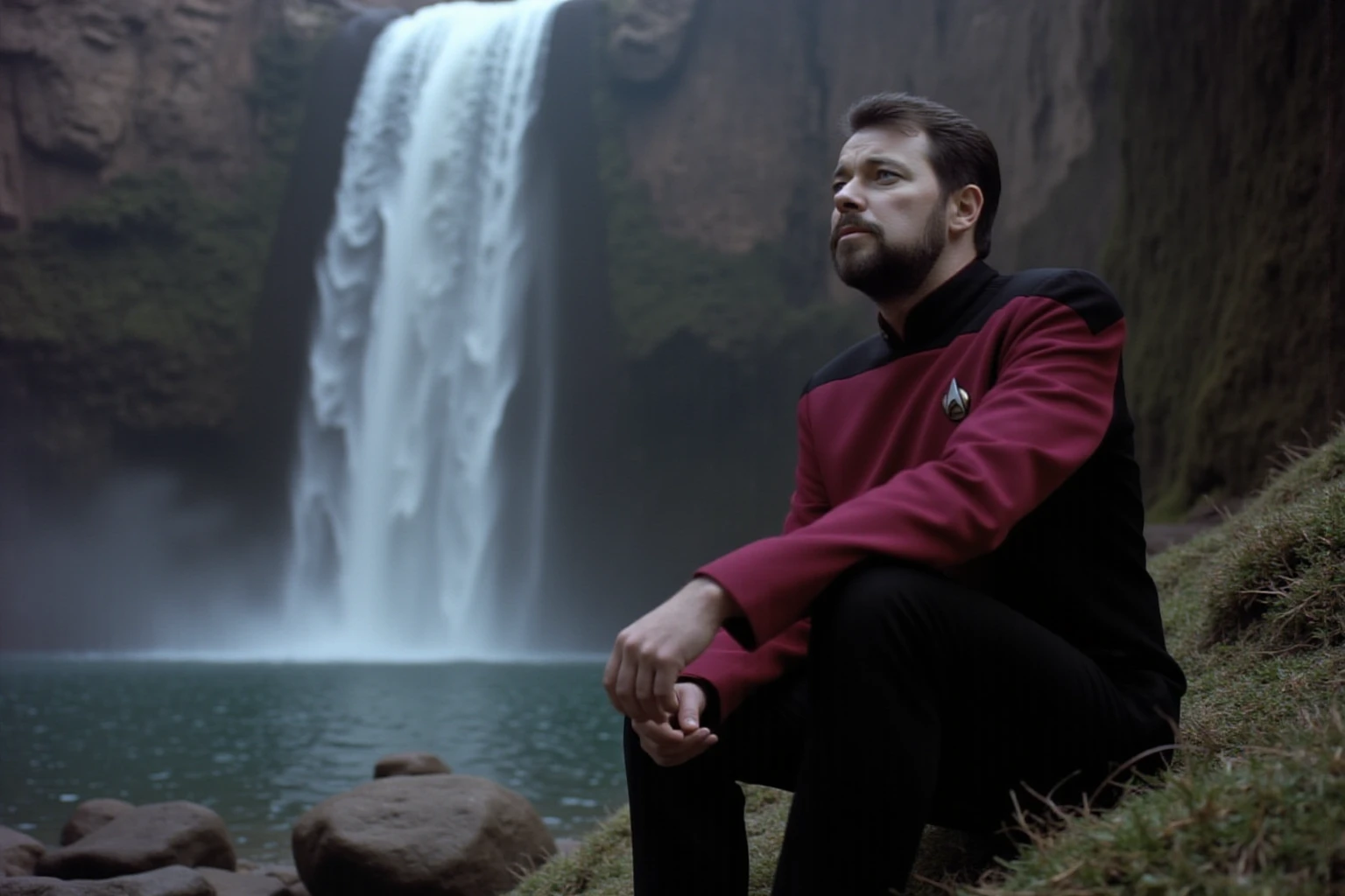 cinematic still of a casual Will Riker (wearing modern casual clothing:1.7) deep in thought, very melancholic mood and atmosphere, sitting by a waterfall on an alien planet<lora:Will_Riker_TNG_-_Flux.D-000012:0.9>
Negative Prompt: